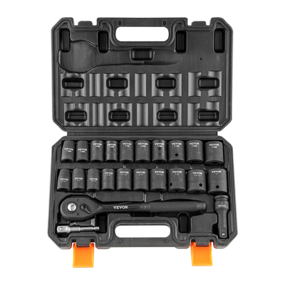 VEVOR 1/2&quot; Drive Impact Socket Set, 23 Piece Socket Set SAE (7/16&quot; -1&quot;)&amp; Metric (13-24mm) 6 Point Cr-V Alloy Steel for Auto Repair with Ratchet Handle Rugged Construction Storage Case
