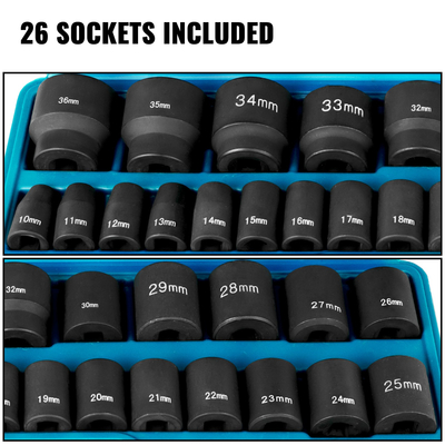 VEVOR Impact Socket Set 1/2 Inches 26 Piece Impact Sockets, Shallow Socket, 6-Point Sockets, Rugged Construction, CR-V, 1/2 Inches Drive Socket Set Impact Metric 10mm - 36mm, with Storage Cage