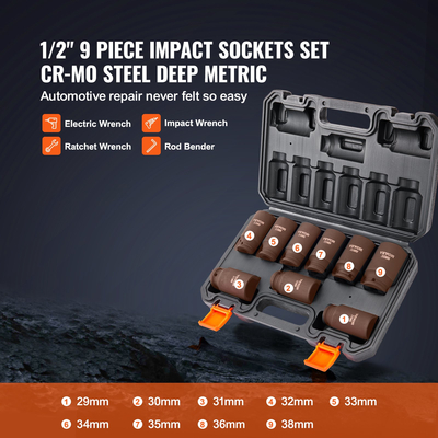 VEVOR 1/2&quot; Drive Impact Socket Set, 9 Piece Deep Socket Set Metric 29-38mm, 6 Point Cr-Mo Alloy Steel for Auto Repair, Ευανάγνωστα σημάδια μεγέθους, στιβαρή κατασκευή, περιλαμβάνει θήκη αποθήκευσης