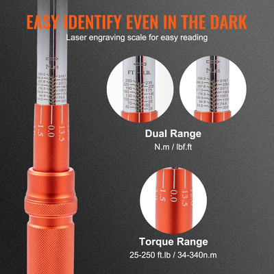 VEVOR Ροπόκλειδο, 1/2 ιντσών Drive Click Torque Wrench 20-250ft.lb/34-340n.m, Σετ δυναμόκλειδο ρυθμιζόμενου διπλής κατεύθυνσης, κιτ ροπόκλειδου μηχανικής ζυγαριάς διπλού εύρους με ράβδο επέκτασης προσαρμογέων