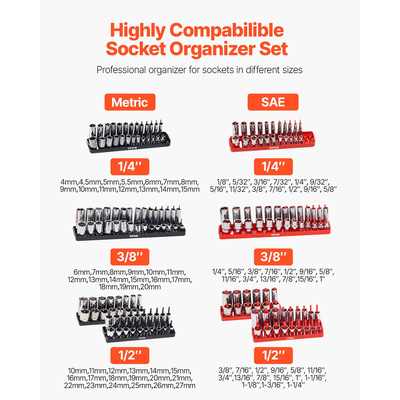 VEVOR Socket Organizer Set 8PCS High-Rod Socket Tray Black &amp; Red for Metric SAE