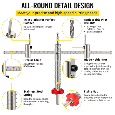 VEVOR Ρυθμιζόμενο κιτ κοπής πριονιού οπών, 1-5/8&quot; έως 11-13 /16&quot; (40-300 mm), Πριόνι οπής με εσοχή με ασπίδα προστασίας από τη σκόνη υπολογιστή, δύο αντικαταστάσιμα τρυπάνια πιλότου, για χωνευτά φώτα, ηχεία οροφής, οπές εξαερισμού