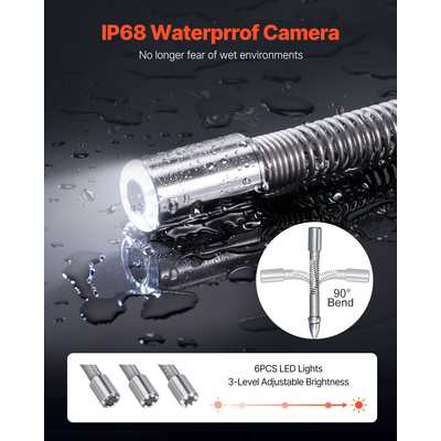 VEVOR Sewer Camera 50m Κάμερα Duct 4,3 ιντσών με 6 ρυθμιζόμενα LED Κάρτα 16GB