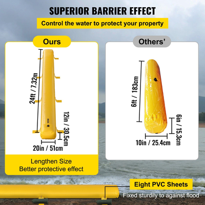 Τσάντα VEVOR Flood, 24 πόδια μήκος x 12 σε ύψος, επαναχρησιμοποιήσιμοι σωλήνες εκτροπής νερού από PVC, ελαφρύ με εξαιρετικό αδιάβροχο αποτέλεσμα που χρησιμοποιείται για πόρτες, γκαράζ, κίτρινο