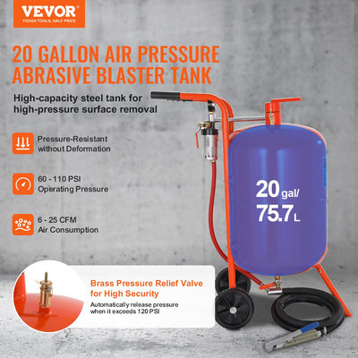VEVOR 20 Gallon Sand Blaster 60-110 PSI Sandblaster υψηλής πίεσης με 4 ακροφύσια
