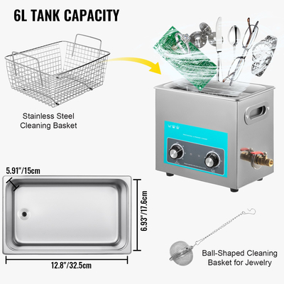 VEVOR 6.5L Ultrasonic Cleaner Καθαριστικό κοσμημάτων με χρονοδιακόπτη θερμάστρας για πόμολο καθαρισμού κοσμημάτων Δαχτυλίδια γυαλιών Οδοντοστοιχίες Μουσικά όργανα