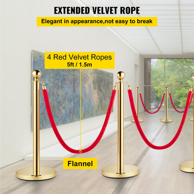 VEVOR Stanchion Post Queue από ανοξείδωτο ατσάλι 6 τεμ. με 4 Red Velvet Ropes, Crowd Control Barriers με / Fillable Base για έλεγχο του πλήθους σε θέατρα, ξενοδοχεία, καζίνο, εκδηλώσεις στο κόκκινο χαλί, εκδοτήρια εισιτηρίων και άλλα, (6 τεμάχια, ασημί)