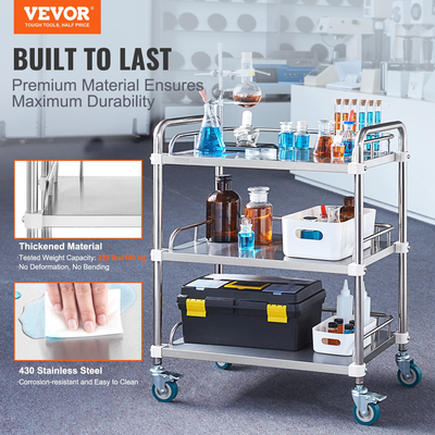 VEVOR Lab Rolling Cart, 3-ράφι από ανοξείδωτο ατσάλι, καρότσι σερβιρίσματος εργαστηρίου με περιστρεφόμενους τροχούς, Dental Utility Cart for Clinic, Lab, Hospital, Salon, 26,38&quot;x15,55&quot;x34,13