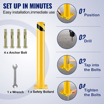 VEVOR Safety Bollard Safety Barrier Bollard 4-1/2&quot; OD 36&quot; Height Yellow Powder Coat Pipe Steel Barrier with 4 Free Bolts Anchor for Sensfully Aren Area