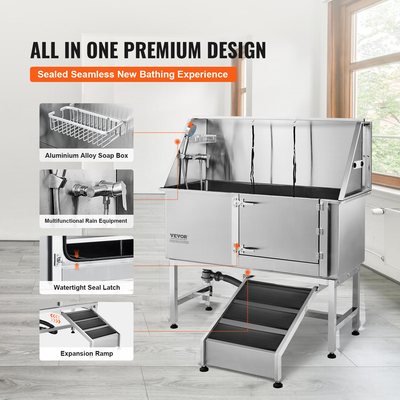 Σταθμός μπάνιου VEVOR 1.27M Pet Dog με ράμπα, Επαγγελματική μπανιέρα περιποίησης σκύλων από ανοξείδωτο χάλυβα με κουτί σαπουνιού, βρύση, πλούσιο αξεσουάρ, μπανιέρα σκύλου για μεγάλα, μεσαία, μικρά κατοικίδια, νεροχύτης για το σπίτι δεξιά