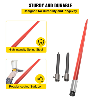 VEVOR Hay Spear 49&quot; Bale Spear 3000 lbs, Bale Spike Quick Attach Square Hay Bale Spears, Red Coated Bale Spear, Bale Hay Spike with 2 Stabilizer Spears