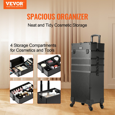 VEVOR 5 in 1 Professional Makeup Train Case Θήκη καλλυντικής αλουμινίου, κυλιόμενη θήκη μακιγιάζ Εξαιρετικά μεγάλο καρότσι μακιγιάζ Travel Organizer, με περιστρεφόμενους τροχούς 360° &amp; Ρυθμιζόμενη ράβδο έλξης, Μαύρη