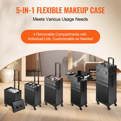 VEVOR 5 in 1 Professional Makeup Train Case Θήκη καλλυντικής αλουμινίου, κυλιόμενη θήκη μακιγιάζ Εξαιρετικά μεγάλο καρότσι μακιγιάζ Travel Organizer, με περιστρεφόμενους τροχούς 360° &amp; Ρυθμιζόμενη ράβδο έλξης, Μαύρη