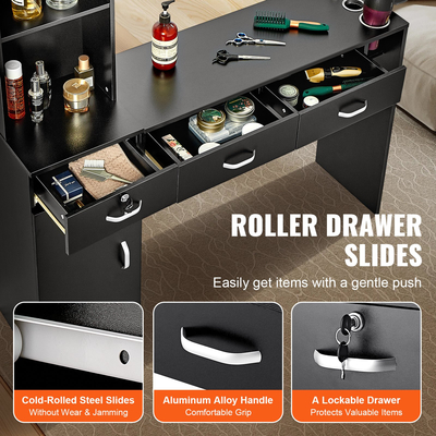 VEVOR Salon Station, Wall Mount Barber Salon Station for Hair Stylist, σετ επίπλων Beauty Spa, 1 ντουλάπι αποθήκευσης, 3 ανοιχτά Cubbies και 3 συρτάρια (Ένα που κλειδώνει), Μαύρο