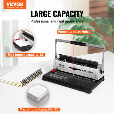 VEVOR Coil Spiral Binding Machine, Manual Book Maker 34-Holes Binding 120 Sheets, Punch Binder with Adjustable 3/16&quot; - 9/16&quot; Coil Binding Spines and Side Margin, for Letter Size, A4, A5