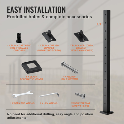 Στύλος κιγκλίδωμα καλωδίου VEVOR 42x2x2 in 30° γωνιακή τρύπα κιγκλίδωμα σκάλας Μαύρο 1 τεμ.