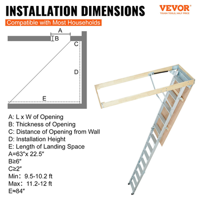 VEVOR Attic Ladder Πτυσσόμενη, χωρητικότητας 350 λιβρών, 22,5&quot; x 63&quot;, προέκταση αλουμινίου πολλαπλών χρήσεων, ελαφριά και φορητή, ταιριάζει σε ύψη οροφής 9,5&#039;-12&#039;, άνετη πρόσβαση στη σοφίτα σας Standard