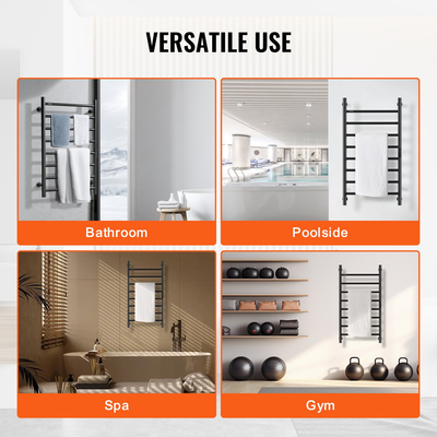 VEVOR 8 Bars Θερμαινόμενη κρεμάστρα πετσετών Επιτοίχια Θερμαινόμενη κρεμάστρα πετσετών για μπάνιο μαύρο