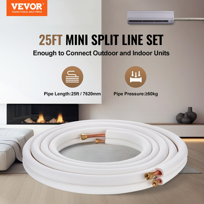 Set Mini Split Line VEVOR 7620mm, σωλήνες χαλκού σωλήνων OD 9,5 &amp; 15,9mm και μόνωση τριπλής στρώσης, για εξοπλισμό ψυκτικού ή αντλίας θέρμανσης Mini Split Air Conditioning &amp; HVAC με λωρίδες περιτυλίγματος.