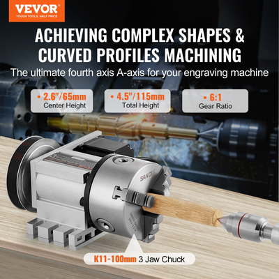 VEVOR Indexing Dividing Head K11-100mm 3-Jaw Chuck Tailstock για φρέζα CNC