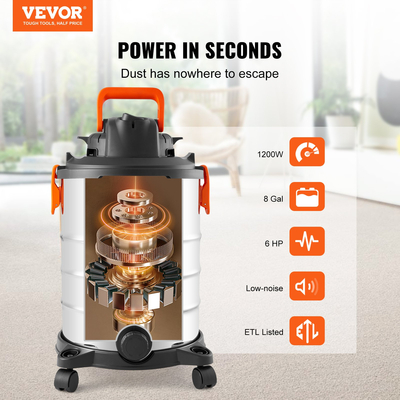 VEVOR Wet/Dry Shop Vacuum Vac 30L 6 Peak HP με ακροφύσιο από ανοξείδωτο ασήμι