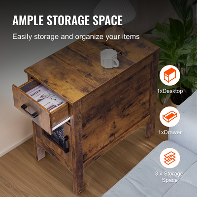 VEVOR Farmhouse End Table Night Stand με θύρες USB και πρίζες αποθήκευσης 3 επιπέδων