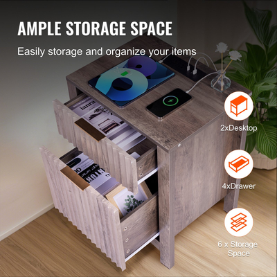 VEVOR Farmhouse End Table Night Stand με USB &amp; Outlets Σετ 2 Γκρι