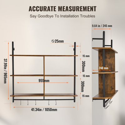 VEVOR Βιομηχανικό Ράφι Σωλήνων 3 Επιπέδων 41,5x9,84 ιντσών Επιτοίχια βάση για κρεβατοκάμαρα κουζίνας