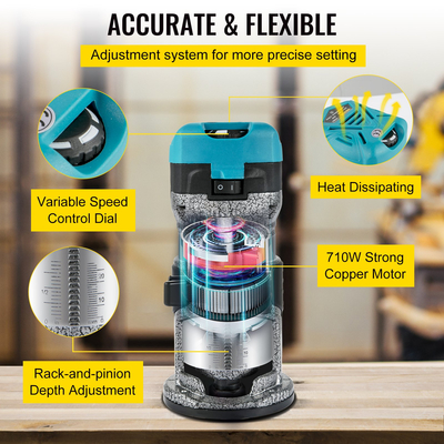 Εργαλείο δρομολογητή VEVOR, δρομολογητής ξύλου 710W, δρομολογητής για ξυλουργική με 3 κολέτες δρομολογητή, εργαλείο δρομολογητή ξύλου με βάση σταθερής &amp; βυθισμένης &amp; κλίσης &amp; μετατόπισης, δρομολογητής ξυλουργικής με κέλυφος αλουμινίου &amp; μεταβλητή ταχύτητα περιστροφής