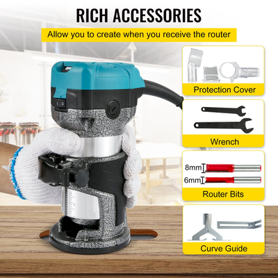 Εργαλείο δρομολογητή VEVOR, δρομολογητής ξύλου 710W, δρομολογητής για επεξεργασία ξύλου με τρεις κολέτες δρομολογητή, εργαλείο δρομολογητή ξύλου με σταθερή βάση, δρομολογητής ξυλουργικής με κέλυφος αλουμινίου και ταχύτητα περιστροφής 13000 - 33000 r/min