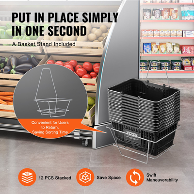 Καλάθι αγορών VEVOR Καλάθι παντοπωλείου 12 τμχ 21L με σιδερένια λαβή &amp; βάση μαύρο