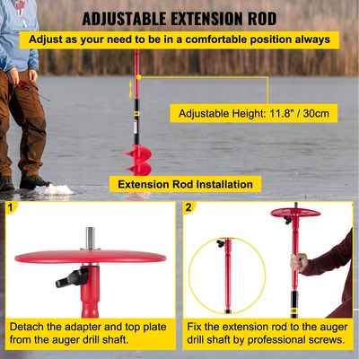VEVOR Ice Drill Auger, 8 \&quot; Diameter Nylon Ice Auger, 39\&quot; Length Ice Auger Bit, Auger Drill with 11,8\&quot; Extension Rod, Auger Bit with Drill Adapter, Top Plate &amp; Blade Guard for Ice Fishing Ice Burrowing