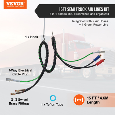 VEVOR 12FT Semi Truck Air Lines Kit 3-σε-1 Εύκαμπτοι σωλήνες αέρα &amp; 7-Way Plug ABS Power Line