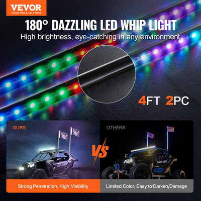 VEVOR LED Whip Light 2PCS 4FT RGB φως κεραίας με εφαρμογή Flag Remote ATV UTV RZR