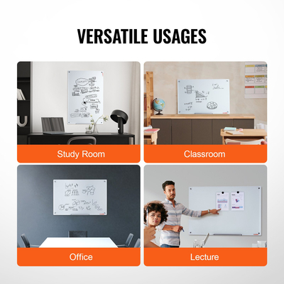 Whiteboard VEVOR Magnetic Glass, Dry Erase Board 36"x24", Επιτοίχια Μεγάλη Λευκή Γυάλινη Πίνακας χωρίς πλαίσιο, με Δίσκο μαρκαδόρων, Γόμα και 2 Μαρκαδόρους, Λευκό