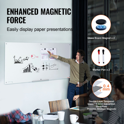 Λευκός πίνακας VEVOR Magnetic Glass, Dry Erase Board 72&quot;x36&quot;, Μεγάλη Λευκή Γυάλινη Πίνακας τοίχου χωρίς πλαίσιο, με δίσκο μαρκαδόρου, γόμα και 2 μαρκαδόρους, λευκό