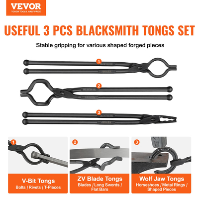 VEVOR Blacksmith Tongs, 18" 3 ΤΕΜ, V-Bit Bolt Tongs, Wolf Jaw Tongs και Z V-Bit Tongs, Carbon Steel Forge Tongs με ατσάλινα πριτσίνια, για αρχάριους και έμπειρους σιδηρουργούς, λεπίδες και τεχνίτες