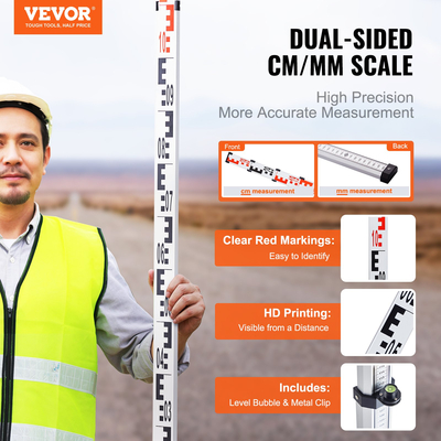 Ράβδος μέτρησης VEVOR 4M Metric Telescopic Grade Rod CM/MM με επίπεδο &amp; τσάντα φυσαλίδων