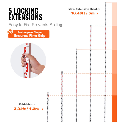 Ράβδος μέτρησης VEVOR 5M Metric Telescopic Grade Rod CM/MM με επίπεδο &amp; τσάντα φυσαλίδων