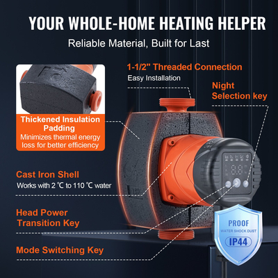 Αντλία κυκλοφορίας ζεστού νερού Vevor Ενεργειακά αποδοτική Αντλία κυκλοφορίας υψηλής απόδοσης ECM Μόνιμος κινητήρας μαγνήτη 220V 22W, Μέγιστος ρυθμός ροής 50 L/min, Μέγιστη ανύψωση κεφαλής 4 m, Σύνδεση με σπείρωμα 1-1/2&quot;, 5 έξυπνες λειτουργίες ελέγχου Χαμηλός θόρυβος