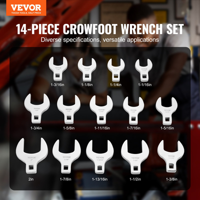VEVOR Crowfoot Wrench Set, 1/2&quot; Drive 14-Piece SAE (1-1/16&quot; - 2&quot;) Crows Foot Wrench Set with Storage Tray, 40CR Material with Laser Etched Sing, για μηχανική συντήρηση ή επισκευή