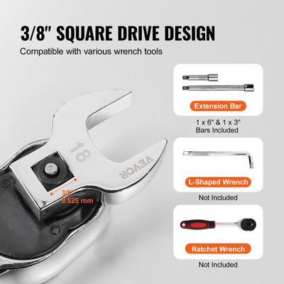 VEVOR Crowfoot Wrench Set, 3/8&quot; Drive 20-Piece Crows Foot Wrench Set with 2 Extension Bars and EVA Tool Organizer, SAE 3/8&quot;-7/8&quot; and Metric 10-22 mm, 40CR Material with Mirror Chrome Finish