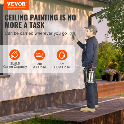 Δοχείο πίεσης βαφής VEVOR, 2L/0,5gal Ελαφρύ δοχείο πίεσης αέρα βαφής, πιστόλι βαφής με ακροφύσιο 1,8 χιλιοστών Σωλήνες 3m για διακόσμηση σπιτιού Αρχιτεκτονική Κατασκευή Βαφή αυτοκινήτου, 45PSI Max