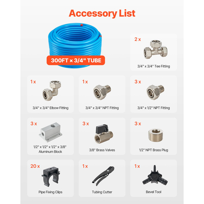 VEVOR Air Compressor Line Kit 3/4'' x 300FT HDPE/Aluminium Air Piping System Blue