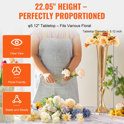 VEVOR 2PCS 56cm/22,05” Ψηλό Βάζο Γάμου Λουλούδι Μεταλλικό Χρυσό Τρομπέτα για Τραπέζια