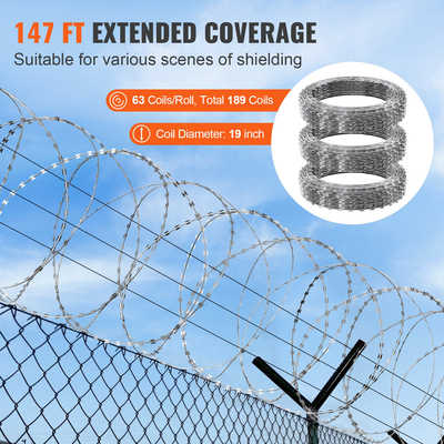 Σύρματα VEVOR Razor Wire, 147 ft Razor Barbed Wire, 3 Rolls Razor Wire Fence περίφραξη ξυραφιού, Διπλή σπειροειδής κορδέλα ξυραφιού Αγκαθωτό σύρμα γαλβανισμένο φράχτη ξυραφιού, Rolls Razor for Garden