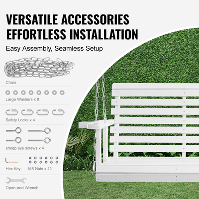 VEVOR Ξύλινη κούνια βεράντας 5,5 ποδιών, κούνια πάγκου βεράντας για αυλή και κήπο, αναβαθμισμένη ικανότητα φόρτωσης 880 lbs, βαρέως τύπου ταλαντευόμενη καρέκλα πάγκος με κρεμαστές αλυσίδες για εξωτερικούς χώρους, λευκό