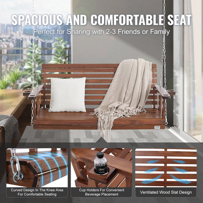 VEVOR Ξύλινη κούνια βεράντας 5,5 ποδιών, κούνια πάγκου βεράντας για αυλή και κήπο, αναβαθμισμένη ικανότητα φόρτωσης 880 lbs, βαρέως τύπου ταλαντευόμενη καρέκλα πάγκος με κρεμαστές αλυσίδες για εξωτερικούς χώρους, καφέ