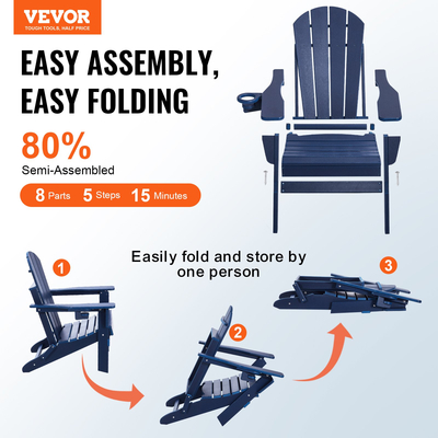 Πλαστική καρέκλα VEVOR Adirondack σετ 2 Πτυσσόμενων πυρκαγιάς για παντός καιρού Navy Blue