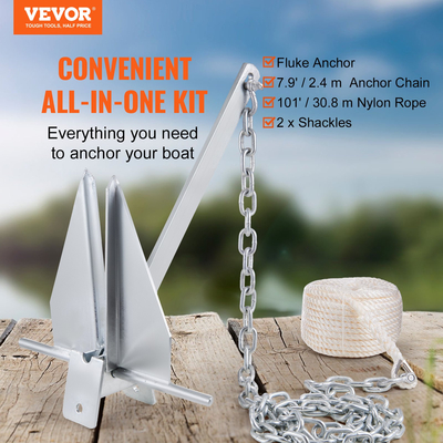 VEVOR Fluke Style Anchor Kit, 13 LBS Άγκυρα γαλβανισμένου θερμού χάλυβα Fluke με αλυσίδα 7,9&#039;, σχοινί 101&#039; και δύο δεσμά 0,4 ιντσών, άγκυρα θαλάσσιου σκάφους για μικρά σκάφη κάτω των 30&#039;, θάλασσες, ποτάμια και ακτές